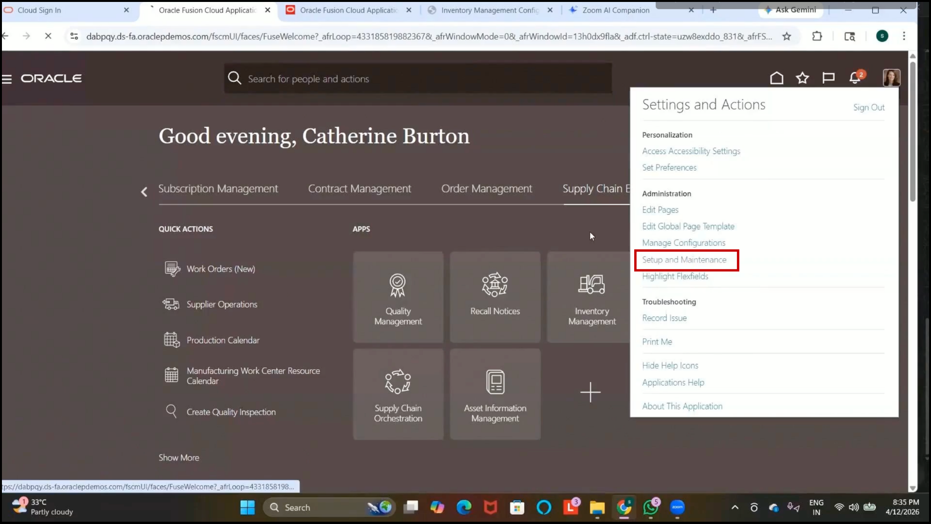 Oracle inventory management navigation to Setup and Maintenance in Oracle Fusion Cloud inventory management system
