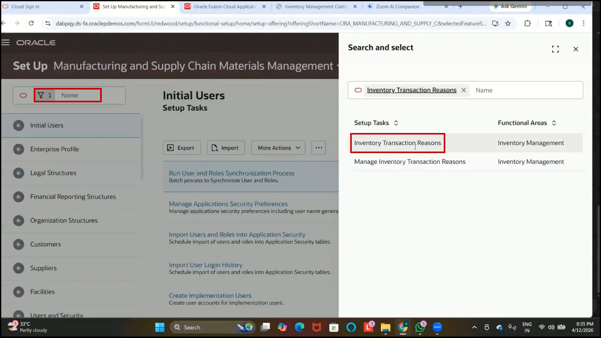 Inventory Transaction Reasons search in Oracle Fusion inventory management system