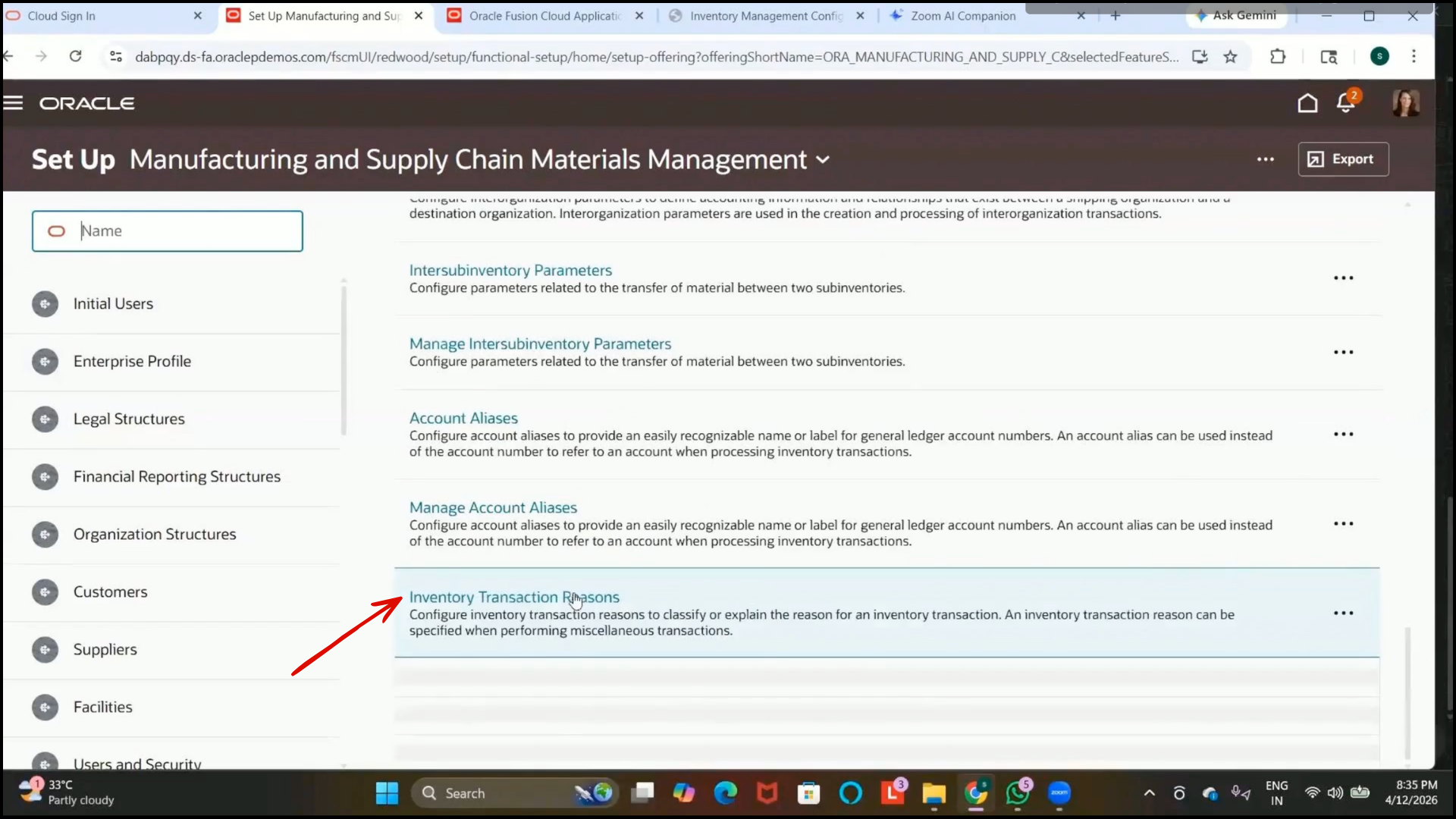 Opening Inventory Transaction Reasons task in Oracle cloud inventory management