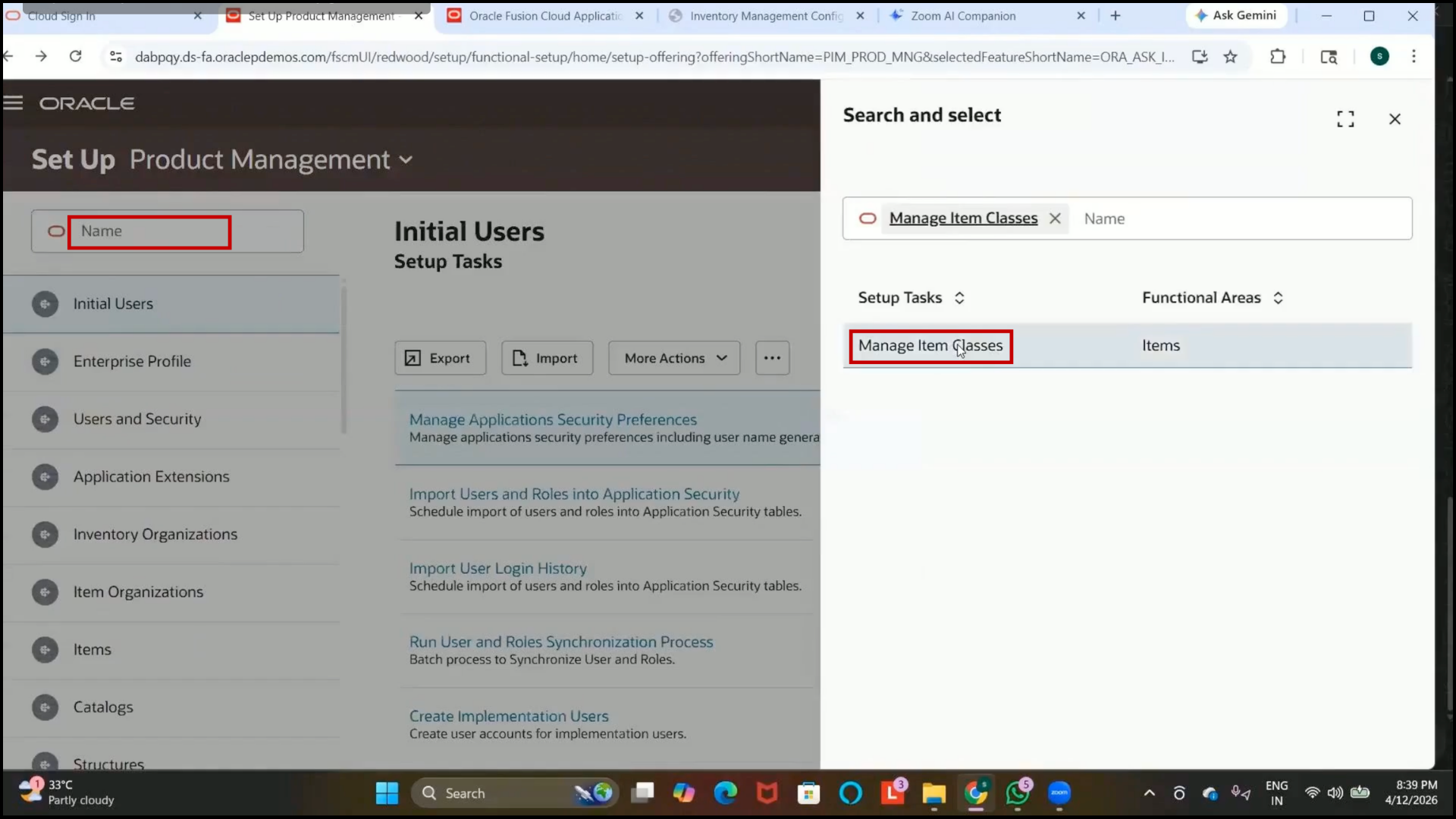 Searching Manage Item Classes in Oracle inventory management software