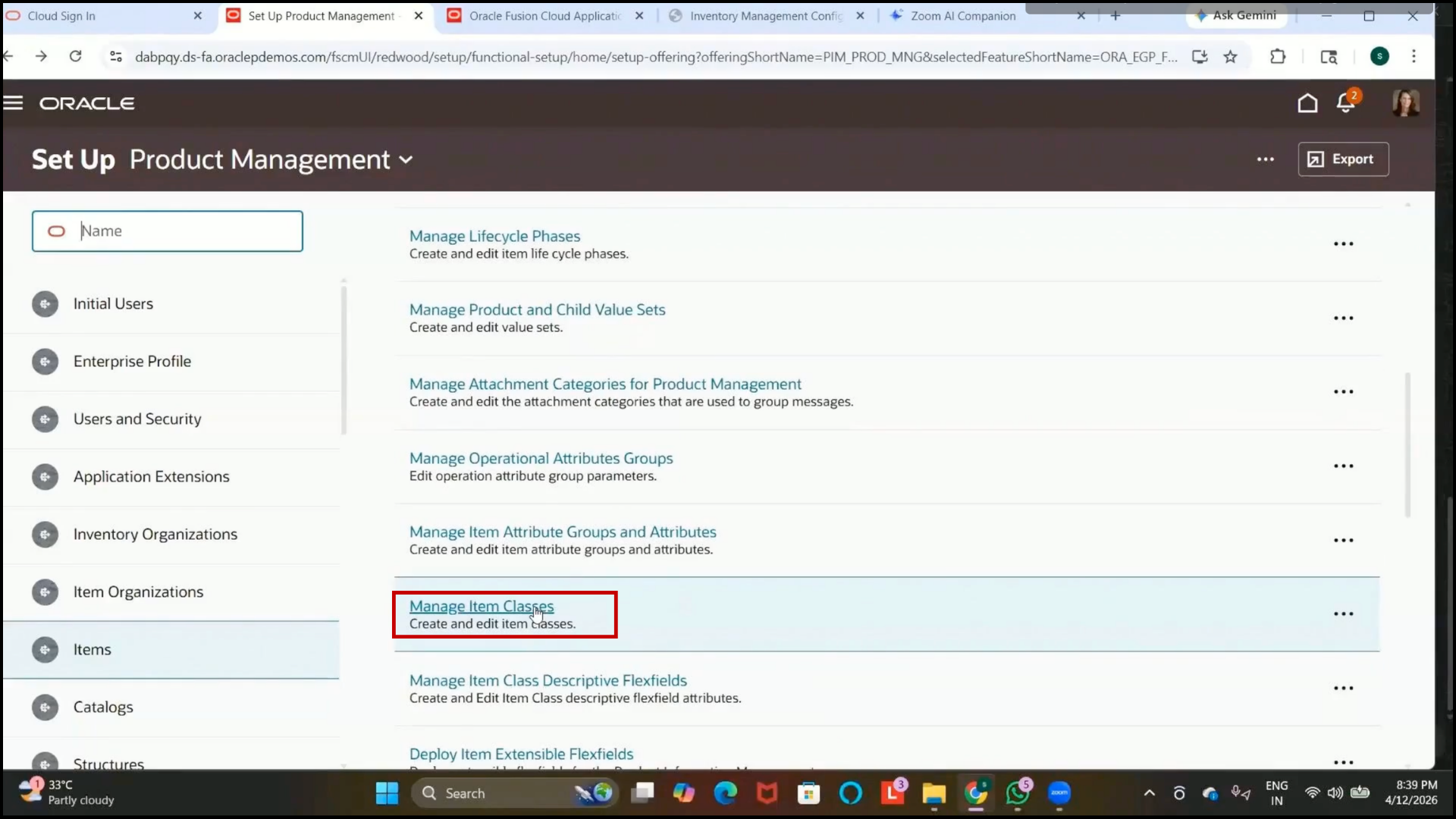 Manage Item Classes setup page in Oracle inventory system