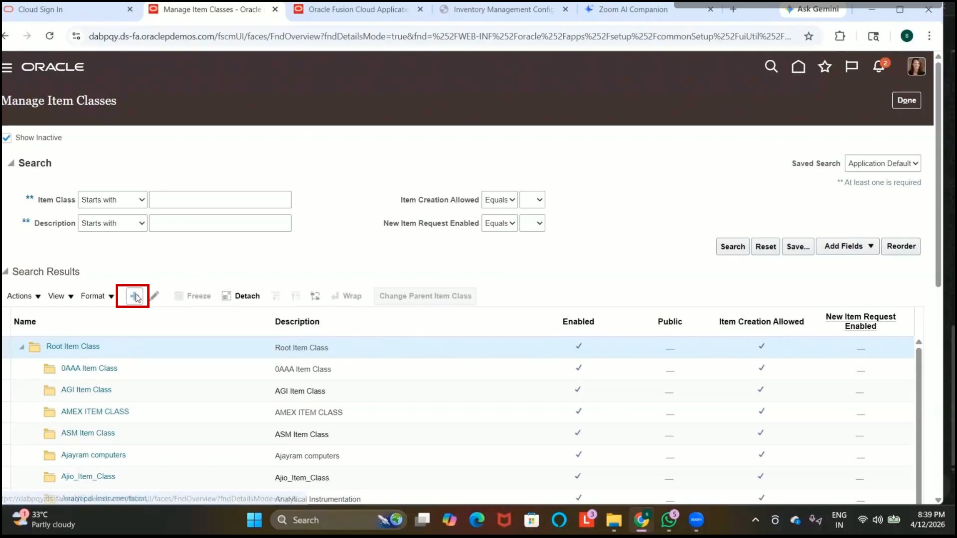 Creating item class in Oracle Fusion inventory management