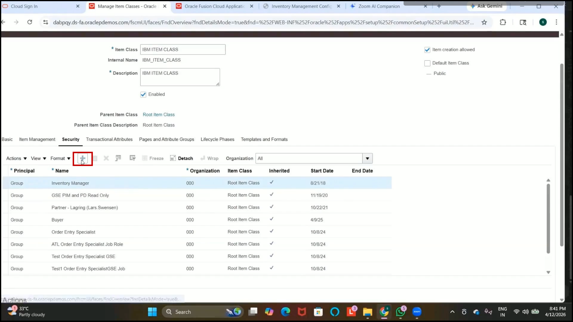 Plus icon for assigning privileges in Oracle inventory management software