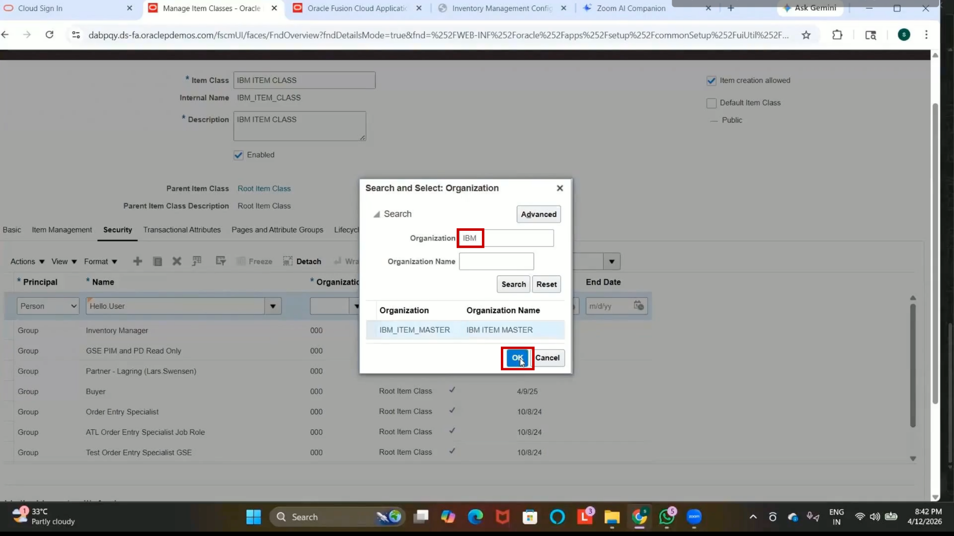 Confirming user privileges in Oracle inventory system