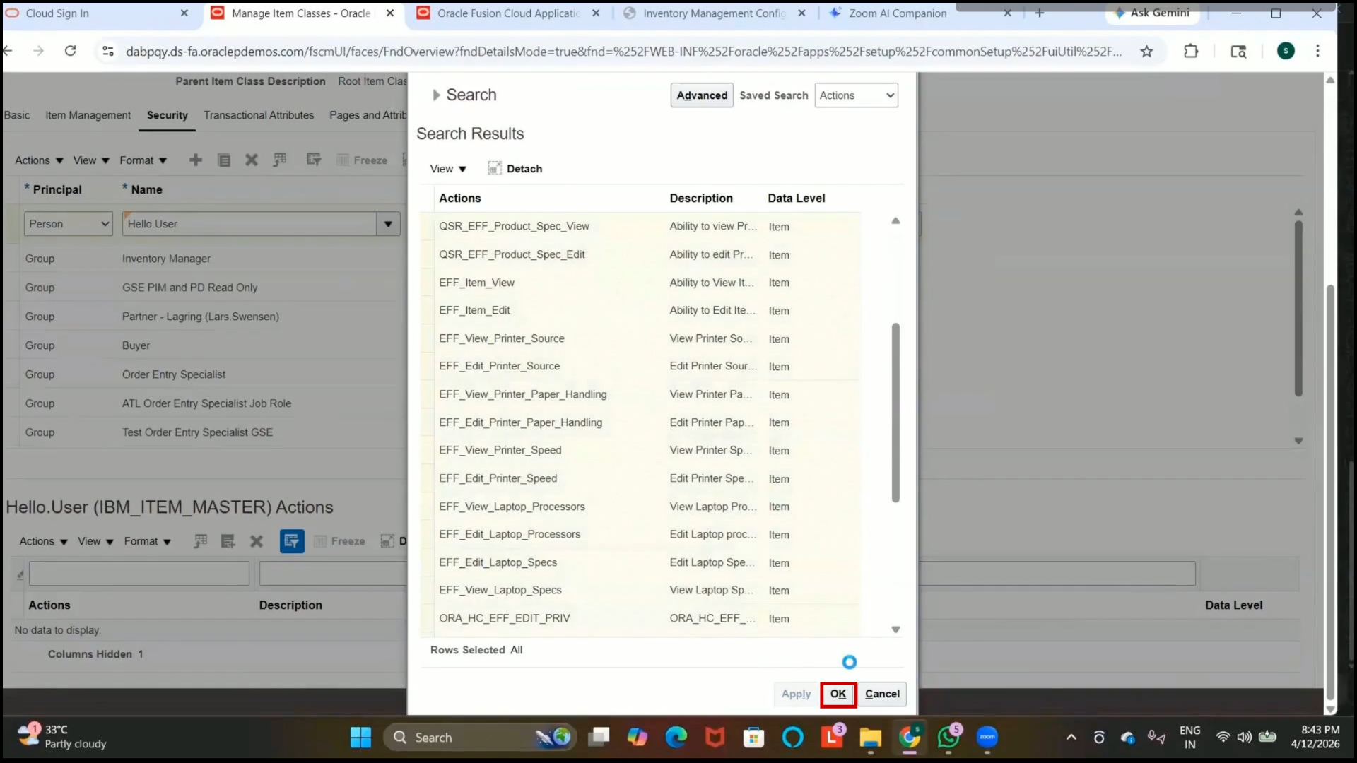 Successful item class verification in Oracle inventory software