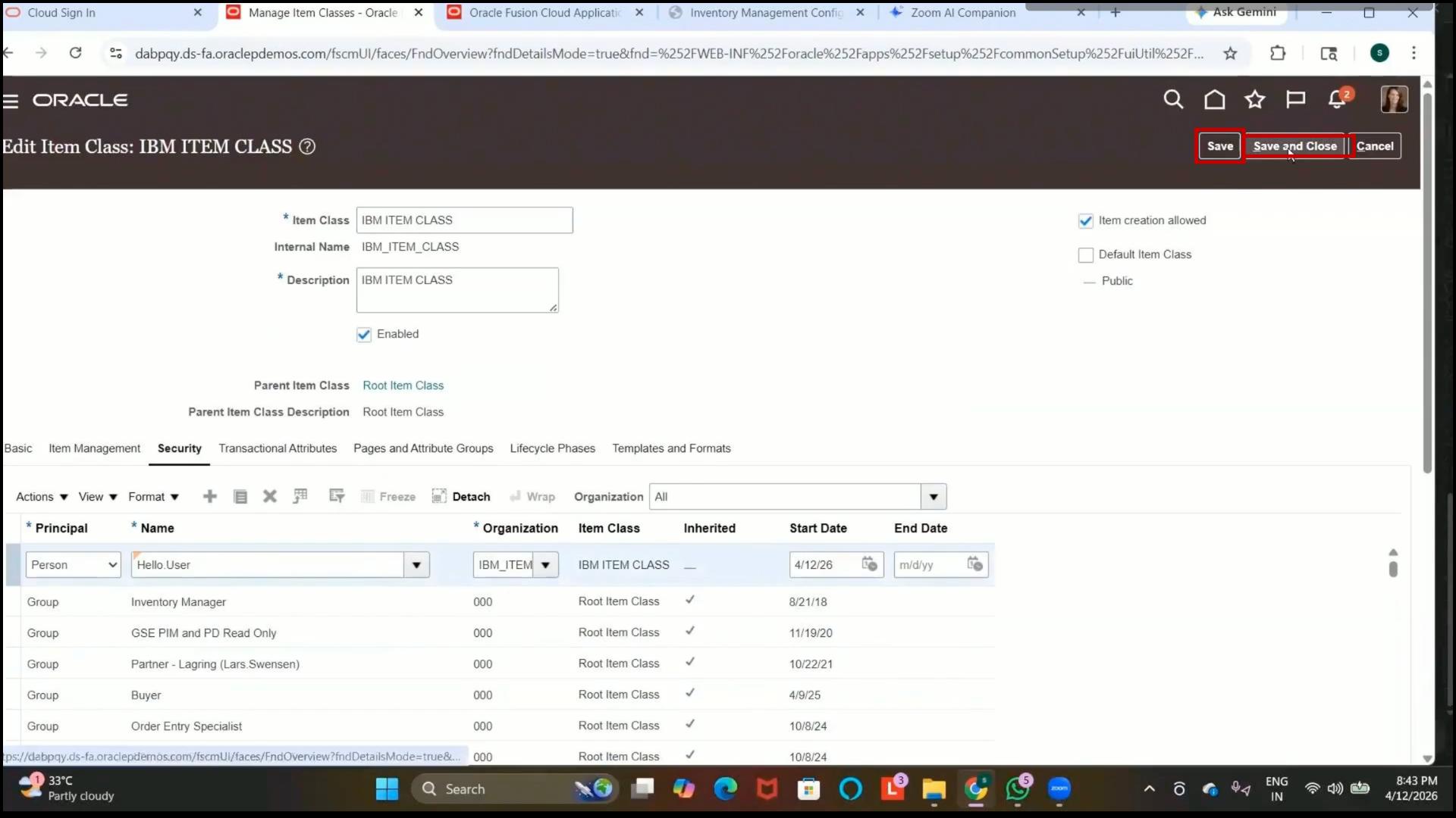 Save and Close option in Oracle inventory management system