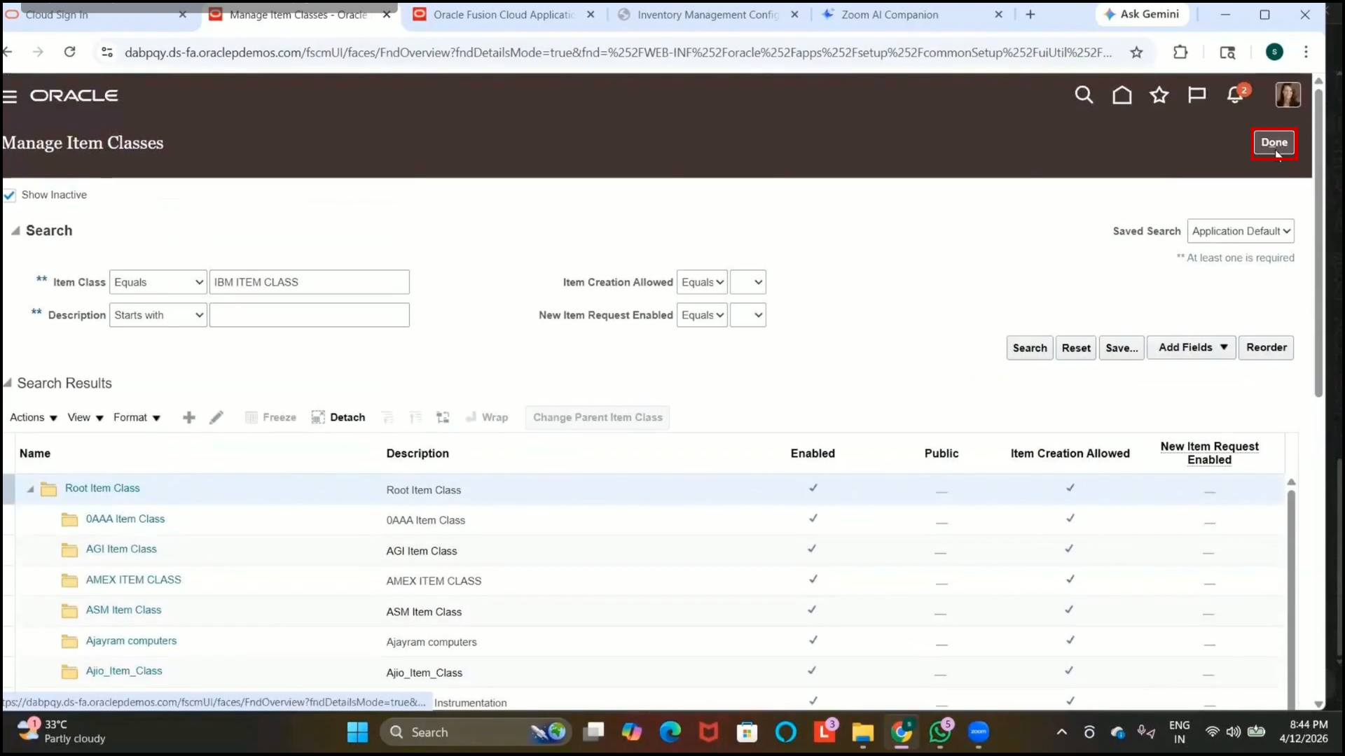 Done button after item class creation in Oracle cloud inventory management