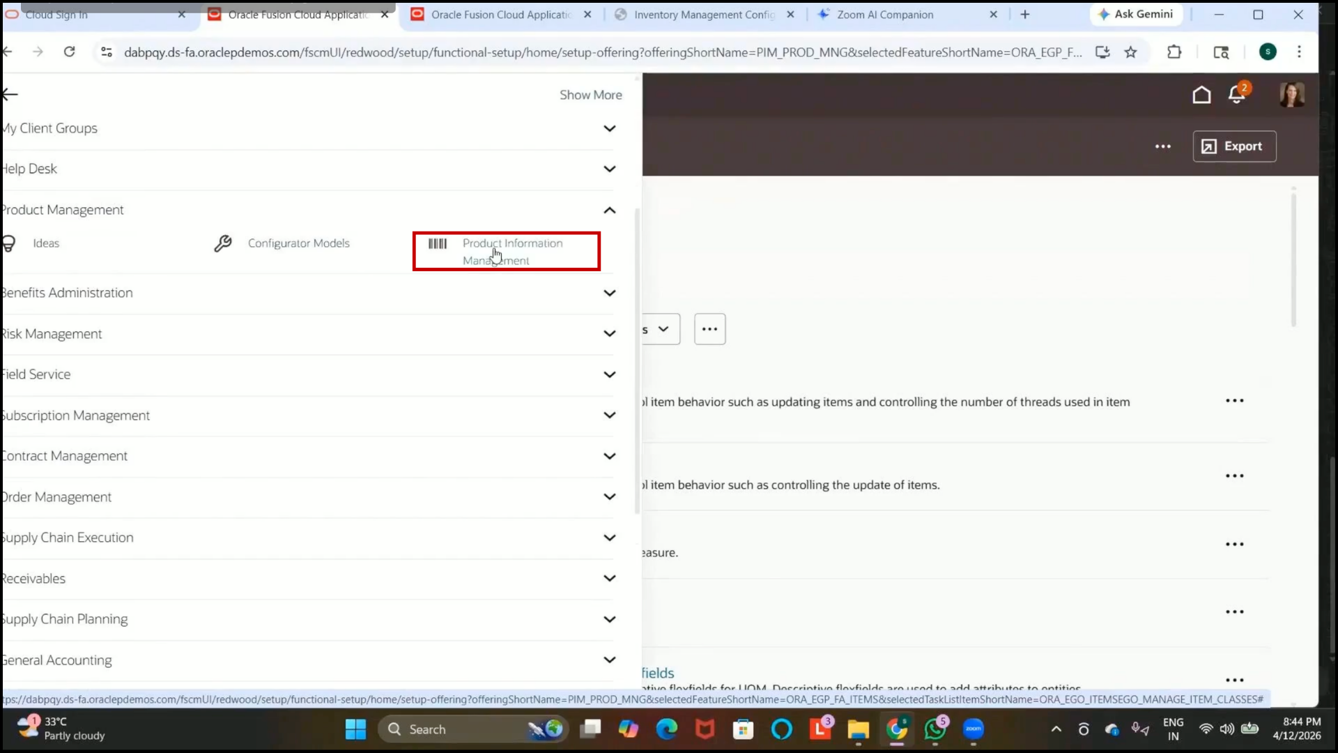 Product Management module access in Oracle cloud inventory management system