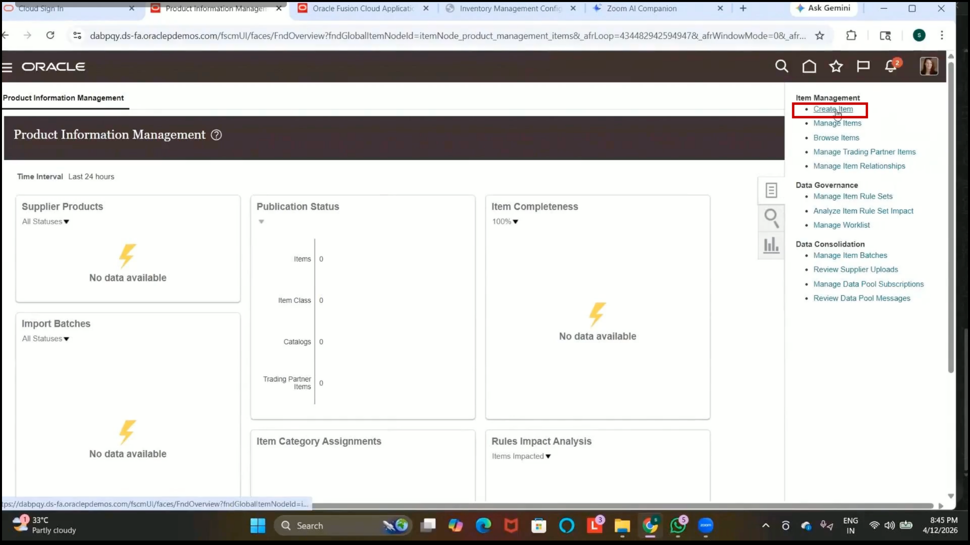 Product Management module access in Oracle cloud inventory management system