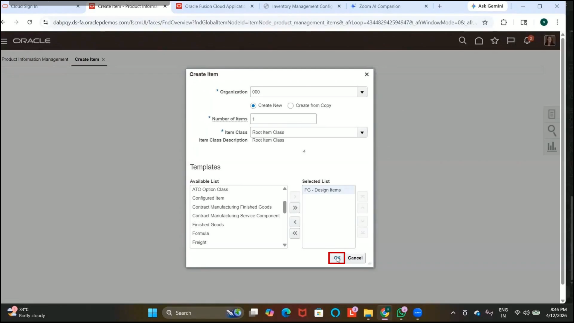Create Item option in Oracle Fusion cloud inventory management