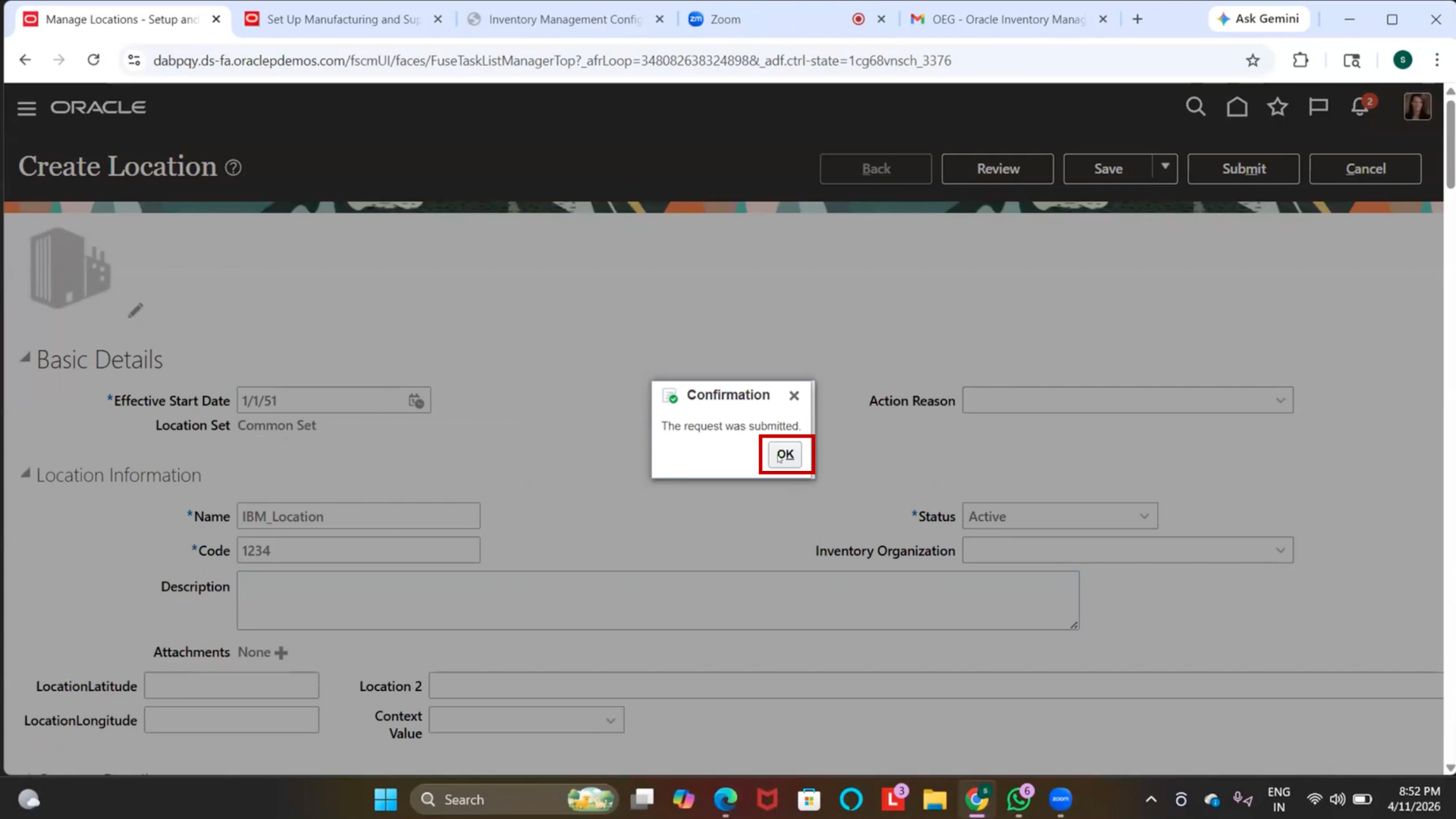 Location Setup Processing Status