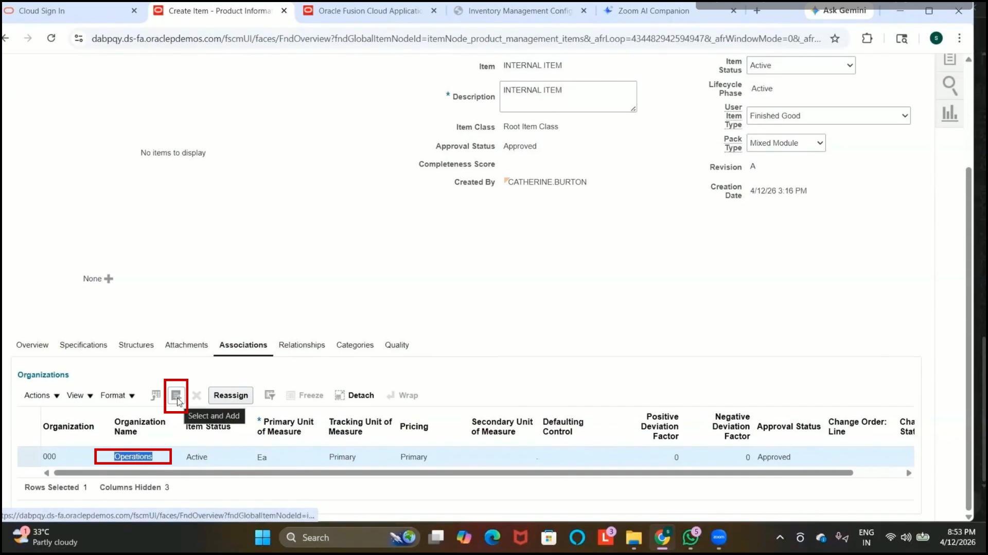 Oracle inventory management assign item to Seattle inventory organization