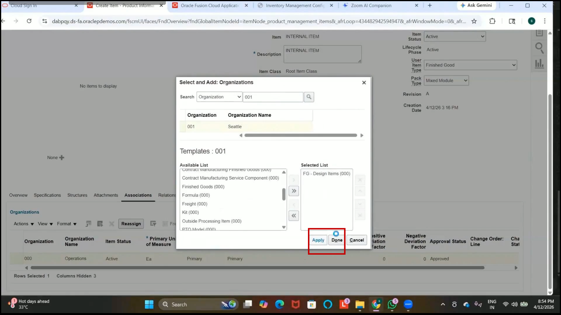 Inventory management Oracle Cloud item organization assignment process