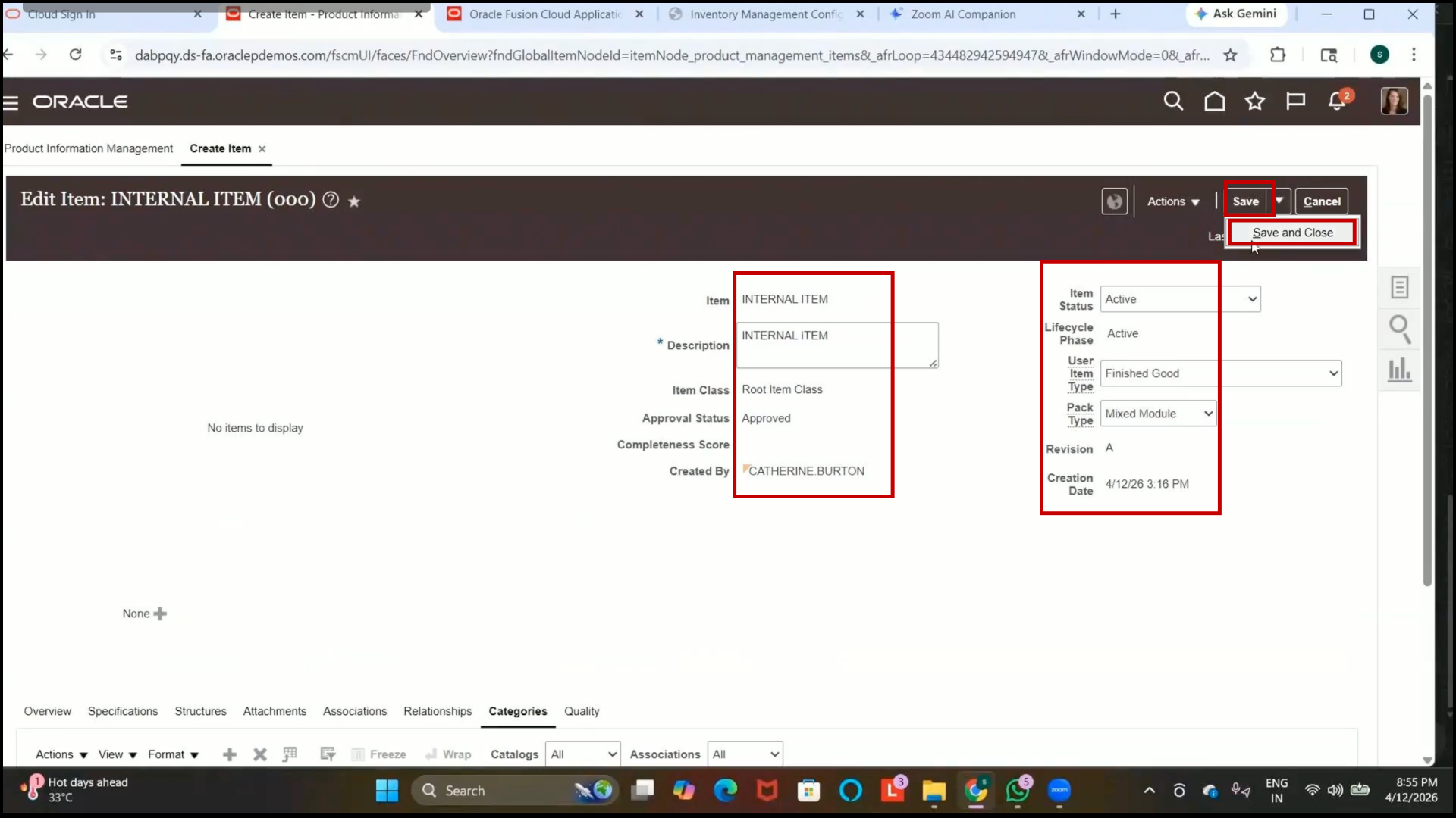 Oracle inventory management save item configuration in product information management