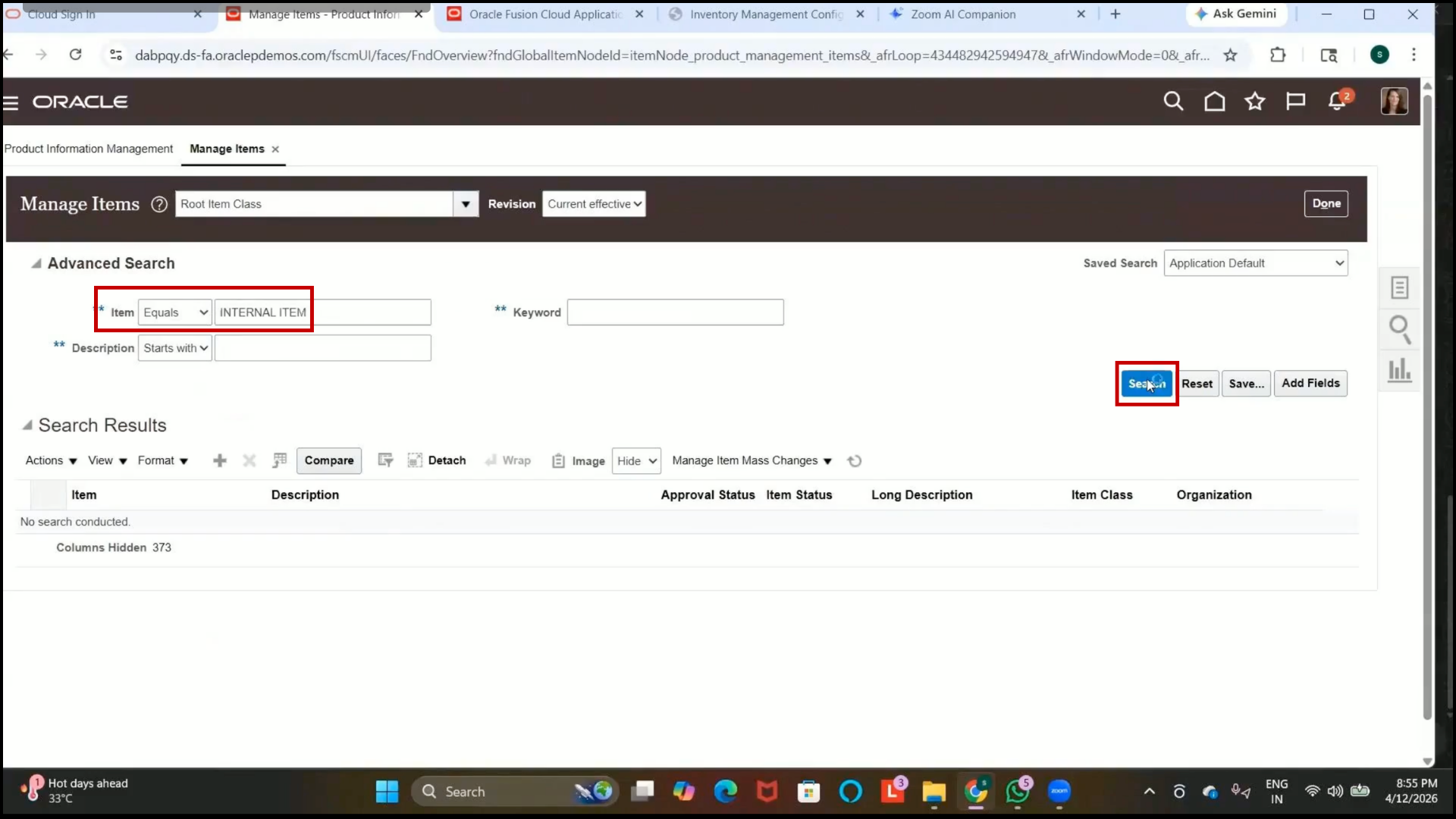 Oracle ERP inventory management manage items search and verification process