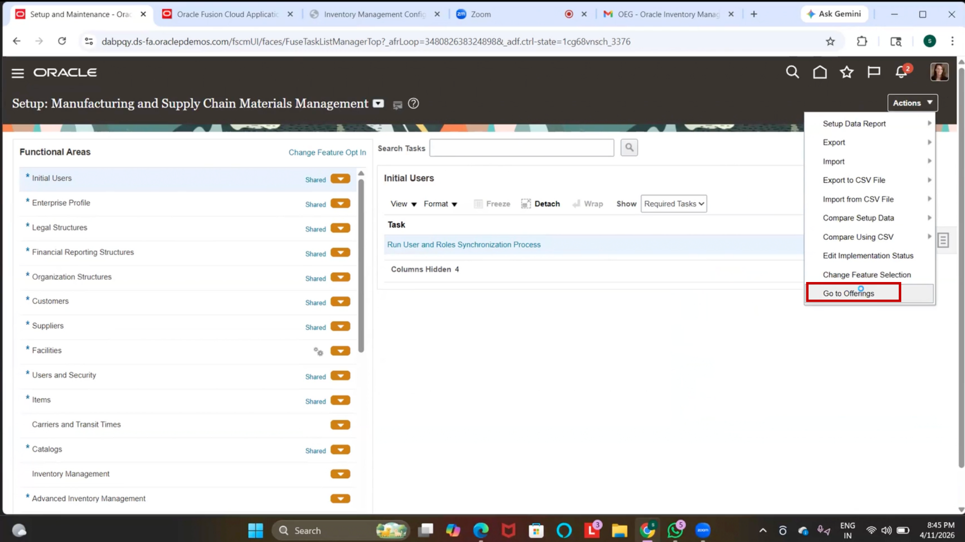 Oracle Cloud Offerings Configuration Page