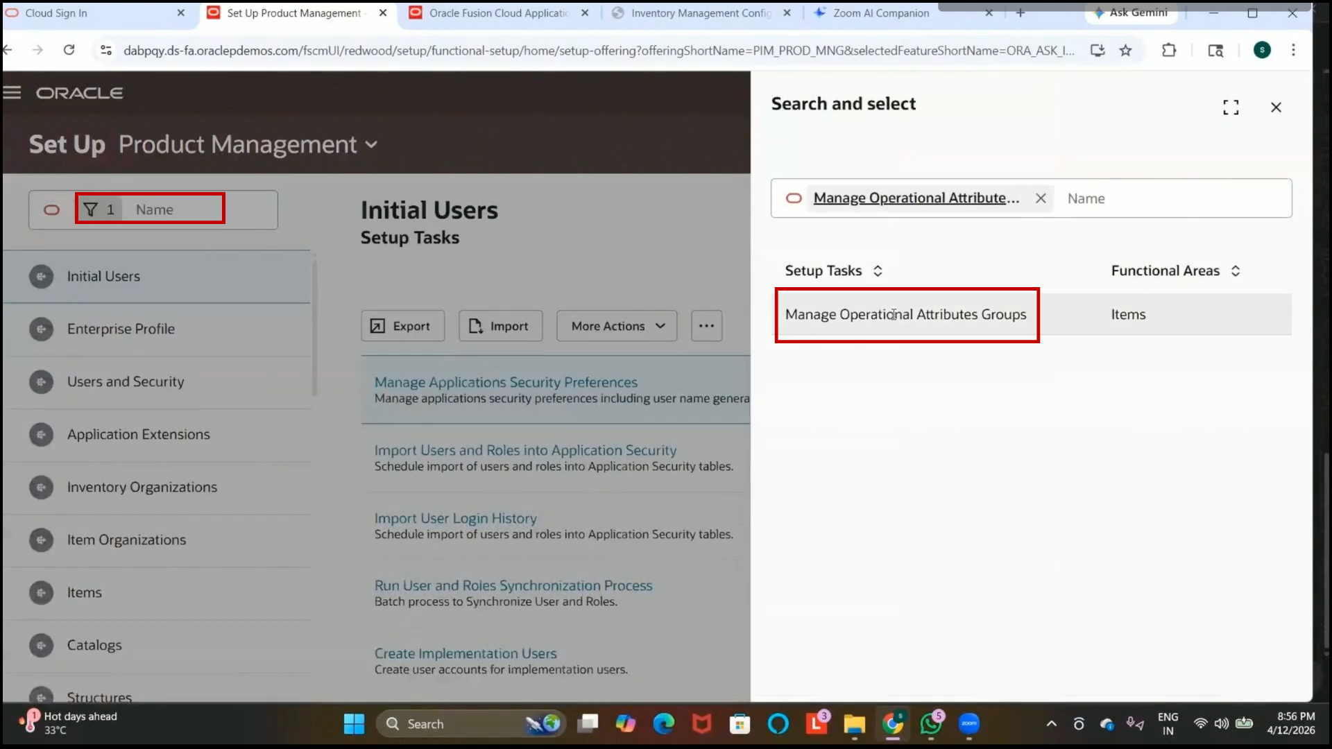 Oracle Fusion inventory operational attribute groups configuration page