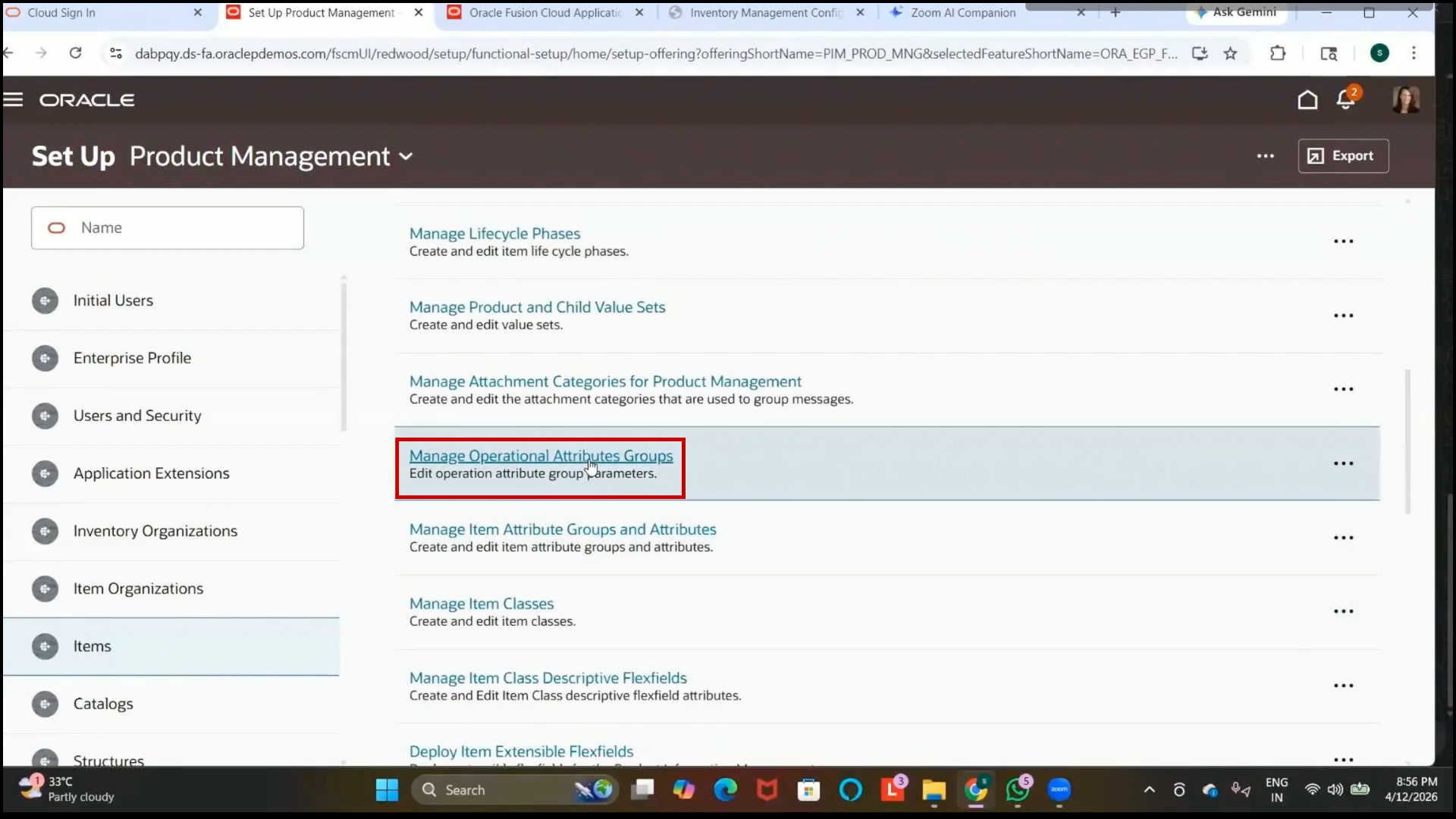 Oracle materials management operational attribute control configuration