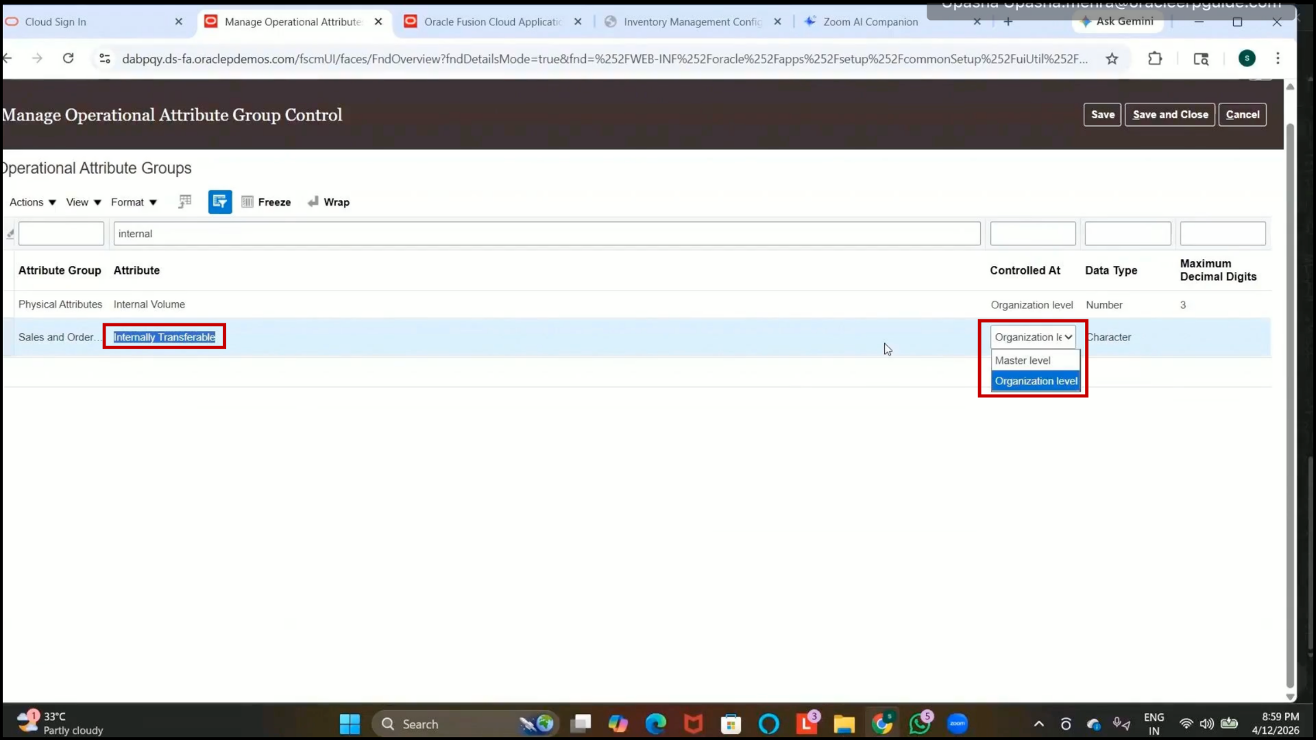 Oracle Fusion inventory: internally transferable organization-level setup