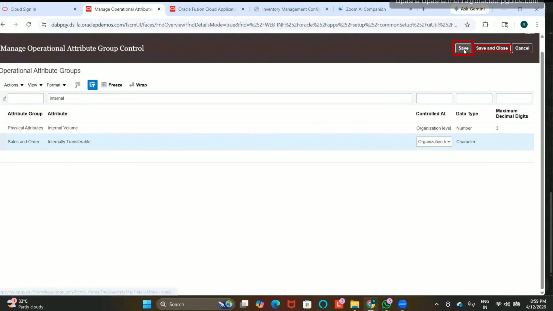Oracle Fusion inventory save and close operational attribute configuration