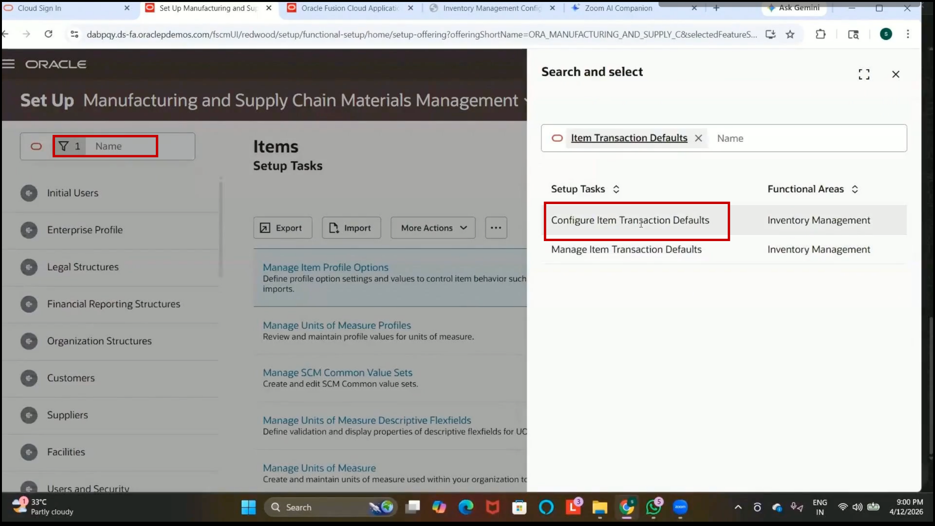 Oracle cloud inventory management open configure item transaction defaults page