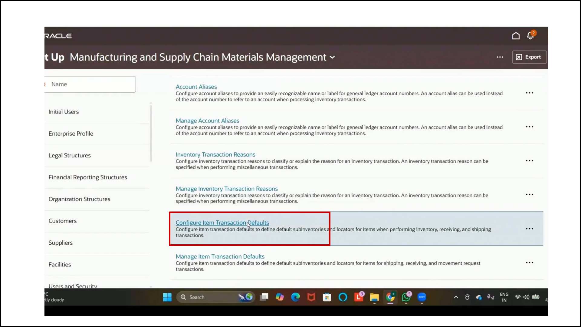 Oracle inventory management: configure item transaction defaults setup page