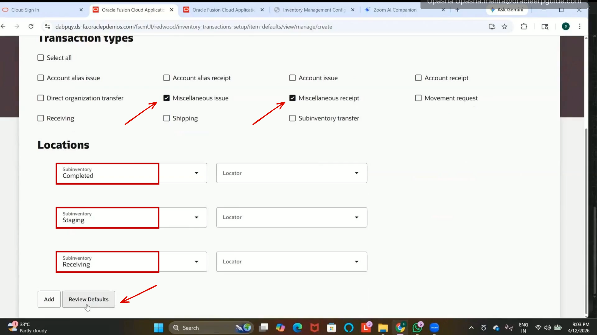 Oracle cloud inventory management receiving and staging subinventory assignment