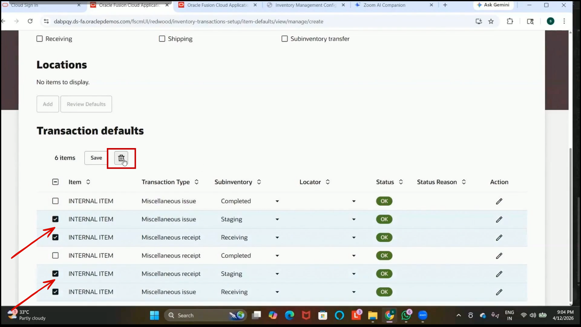 Oracle inventory control completed subinventory retained for transaction defaults