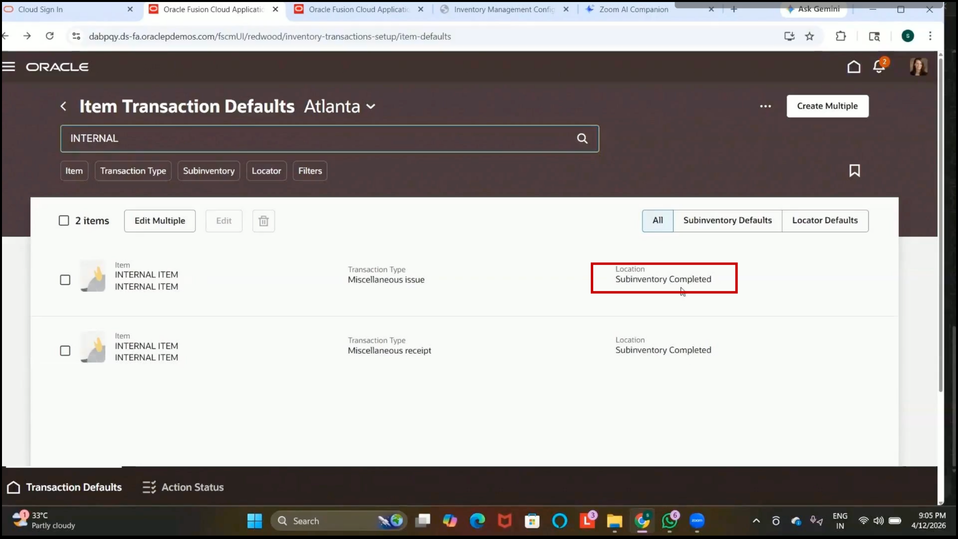 Oracle inventory software completed subinventory automatically defaulted during transactions
