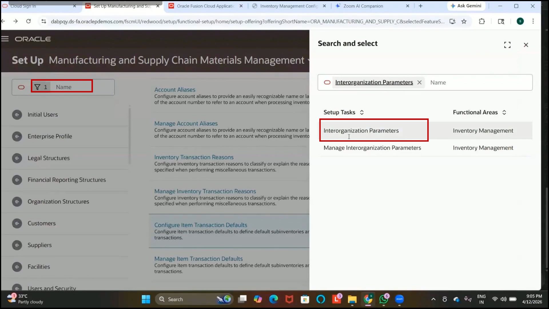 Oracle Fusion inventory management open interorganization parameters configuration page