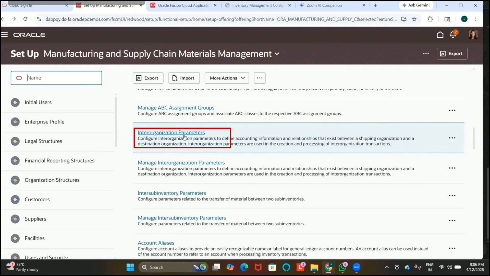 Oracle cloud inventory management search interorganization parameters task