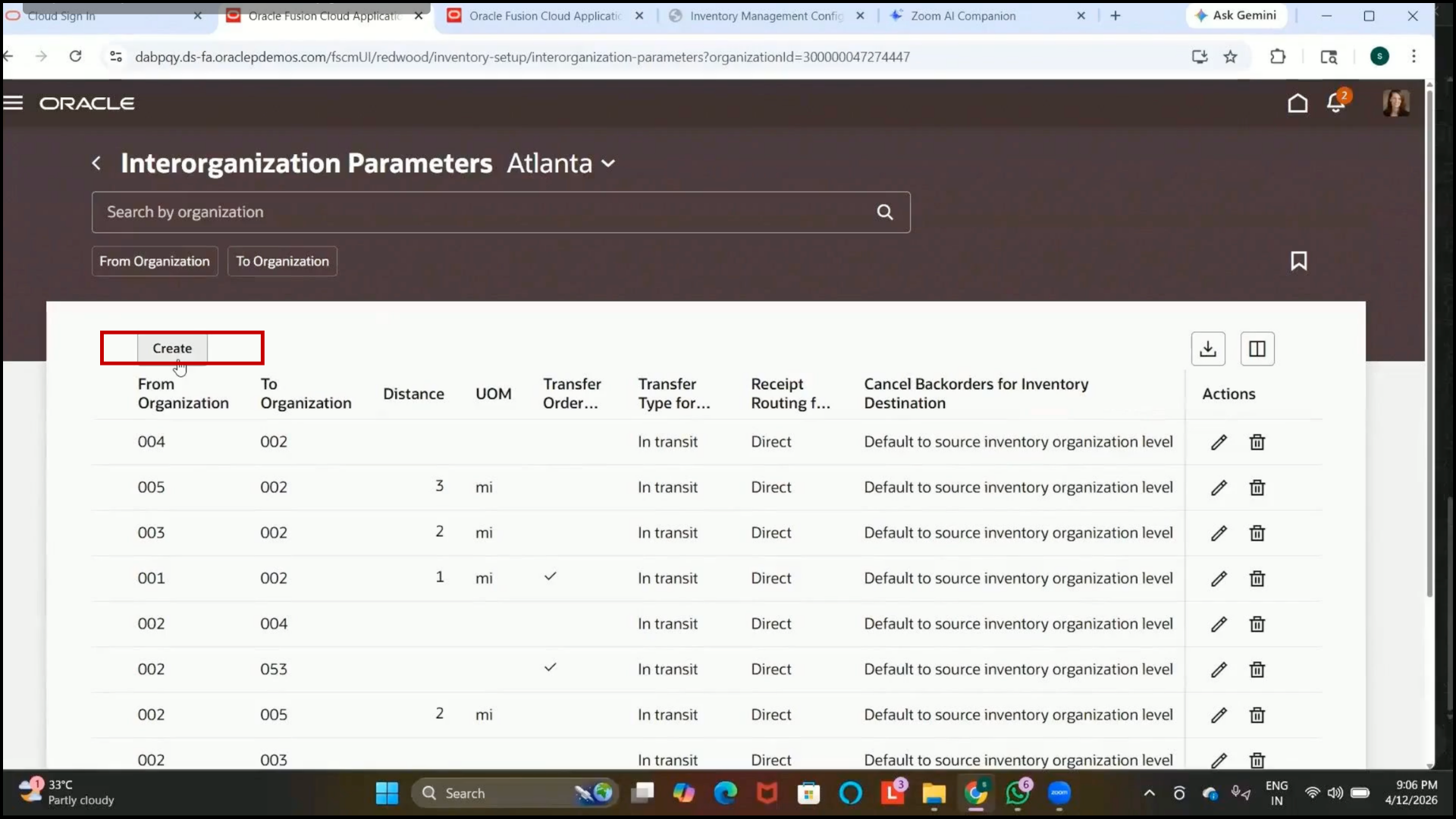 Oracle inventory management create interorganization parameters setup