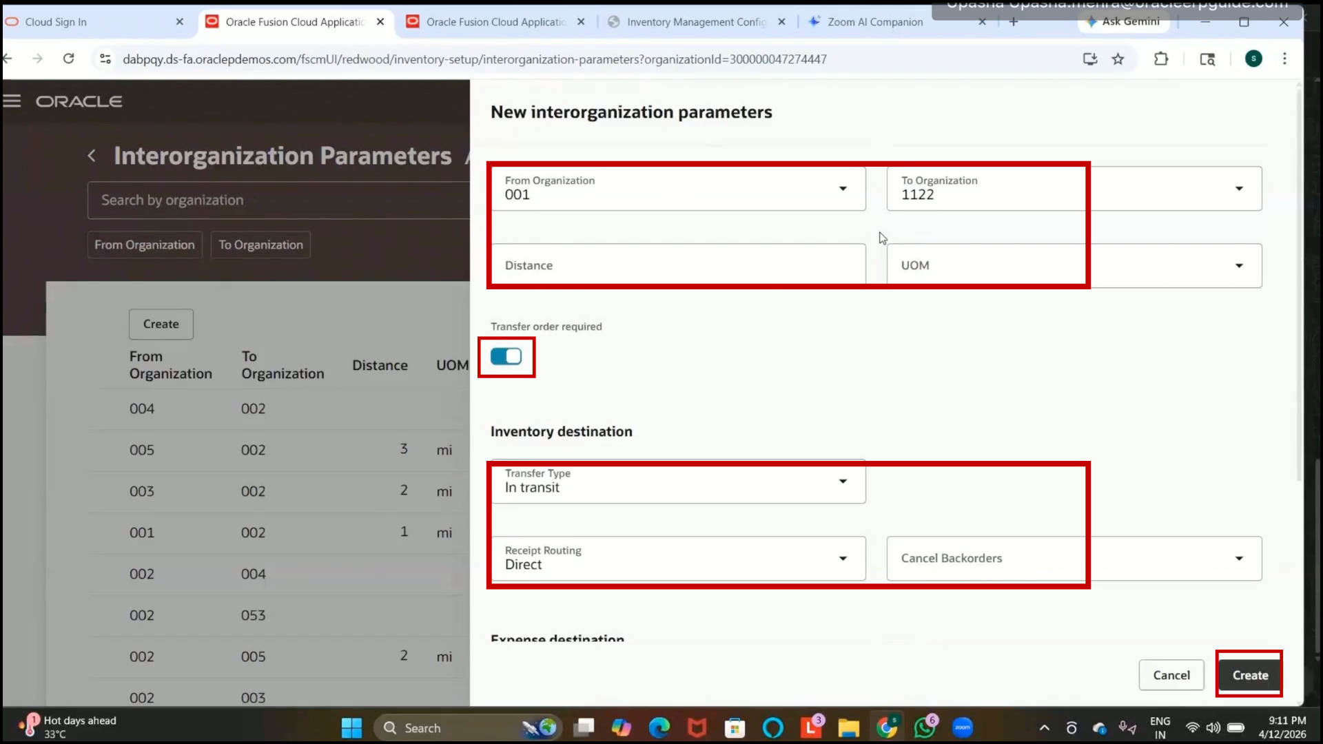 Oracle inventory management destination inventory organization setup with organization code 1122
