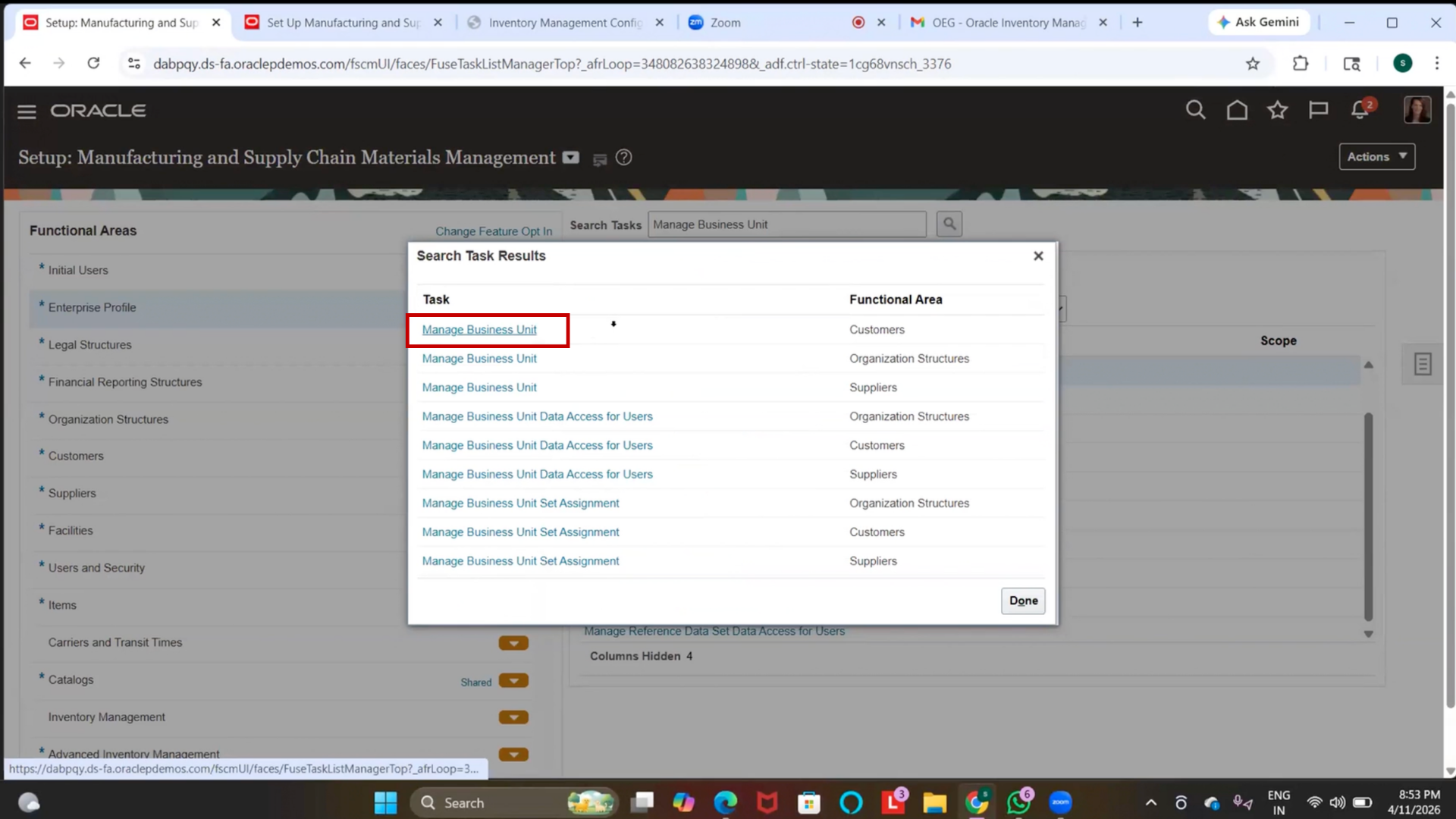 Business Unit Creation Page
