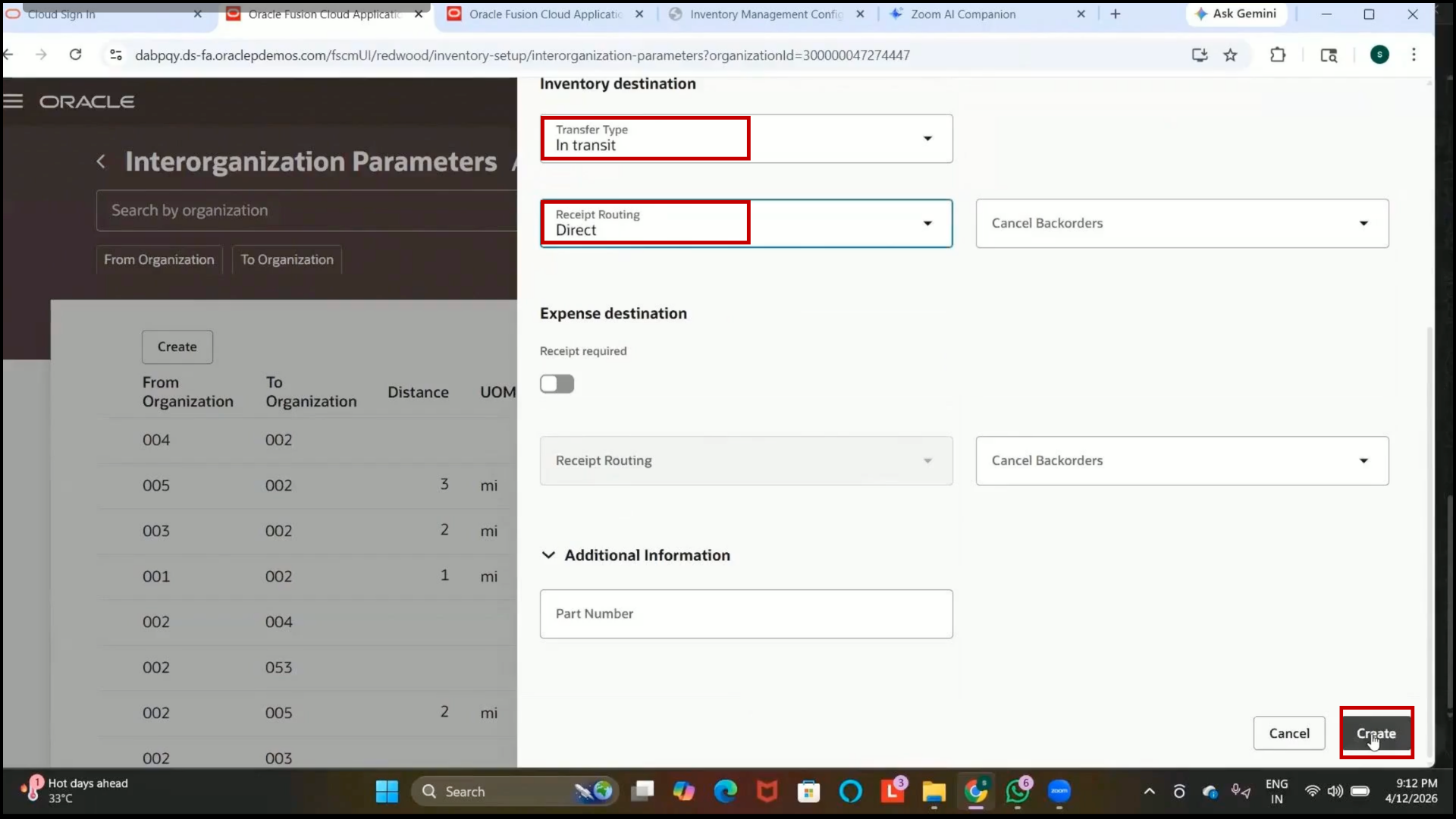 Oracle Fusion Interorganization Parameters setup page opened for configuration
