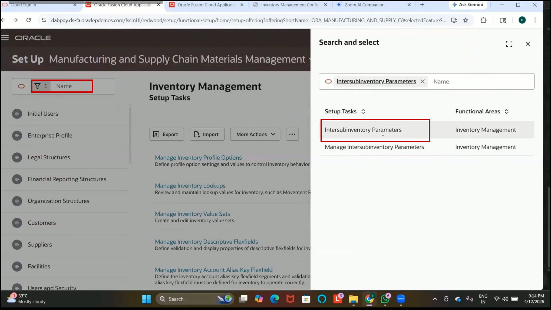 Oracle Fusion Inter-Subinventory Parameters setup page opened