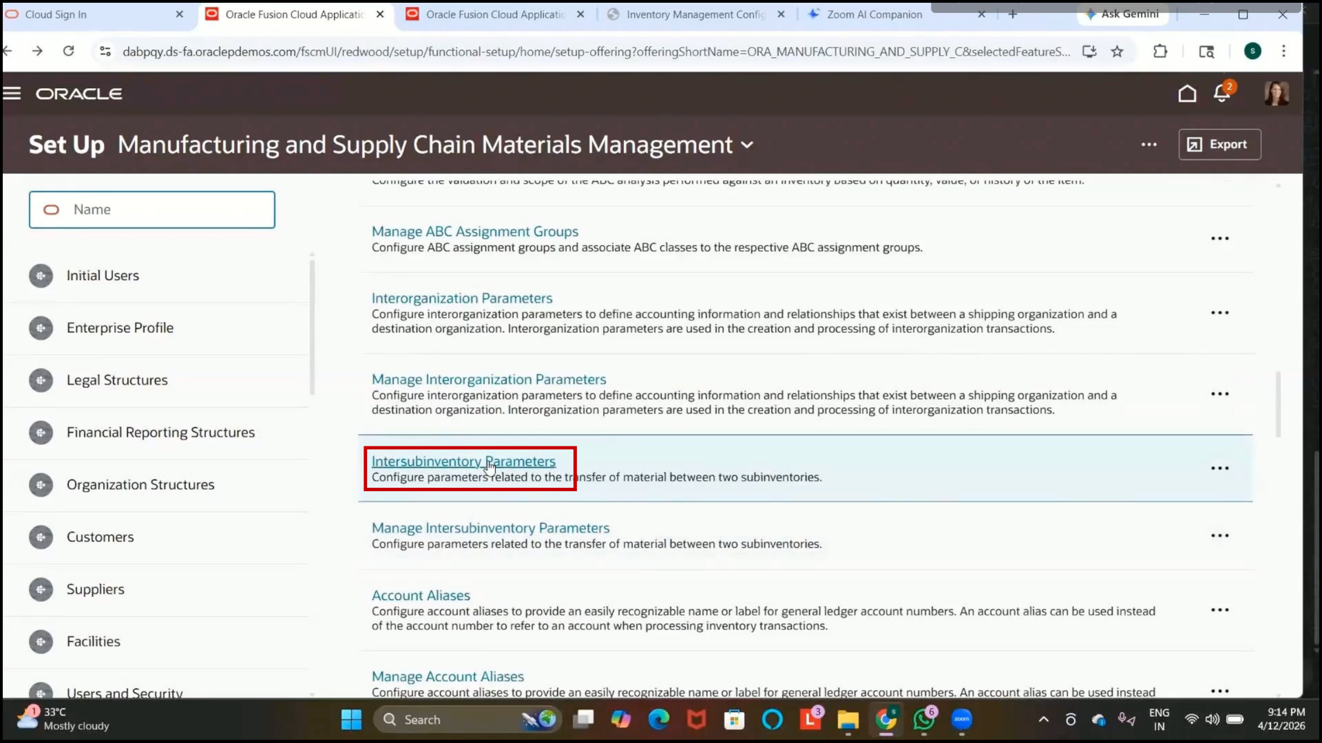 Oracle Fusion Inter-Subinventory Parameters setup page opened