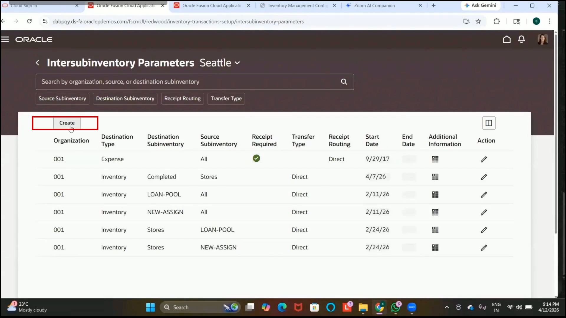 Oracle Fusion Create button used for Inter-Subinventory Parameter setup