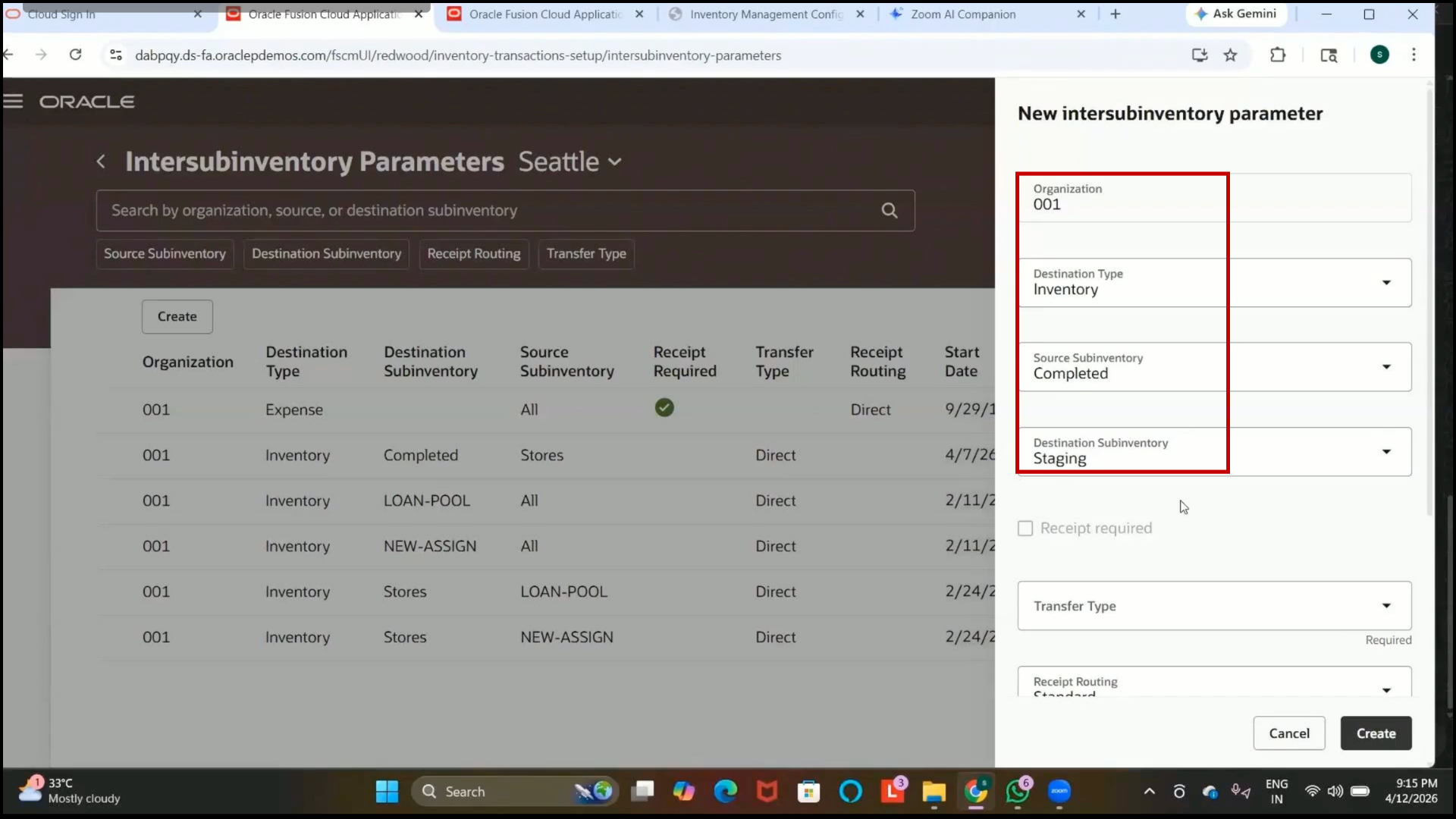 Oracle Fusion Create button used to save destination subinventory configuration