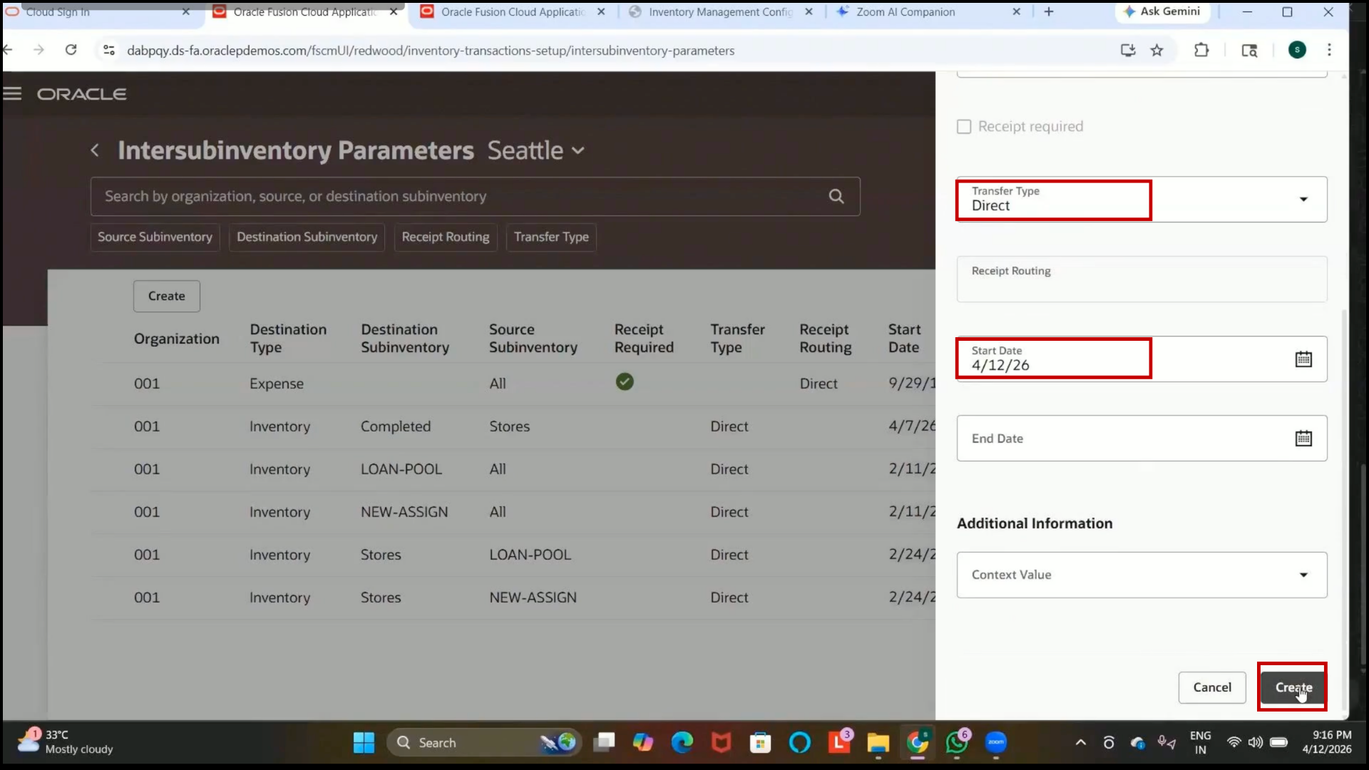 Oracle Fusion Create button used to save Inter-Subinventory Parameter record