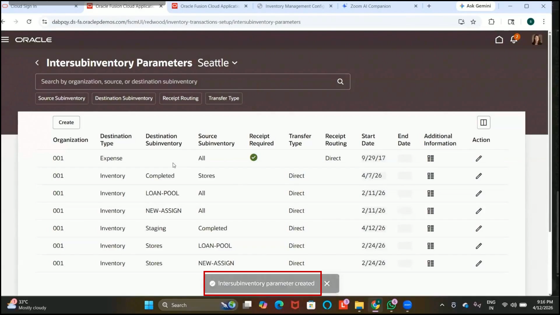 Oracle Fusion successful Inter-Subinventory Parameter creation confirmation