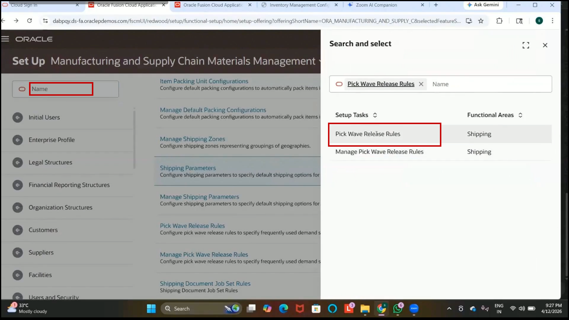 Oracle Fusion search field displaying Pick Wave Release Rules task