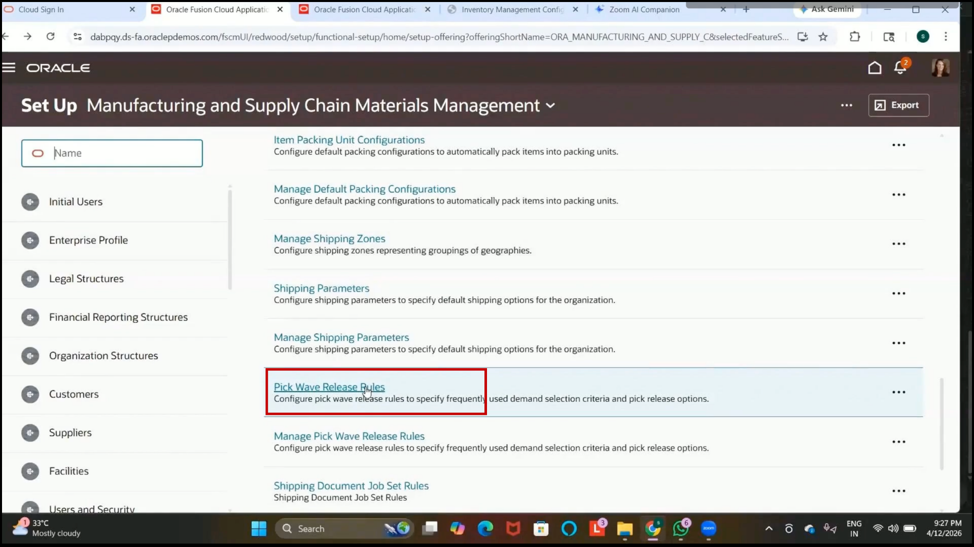 Oracle Fusion Pick Wave Release Rules setup page opened for management