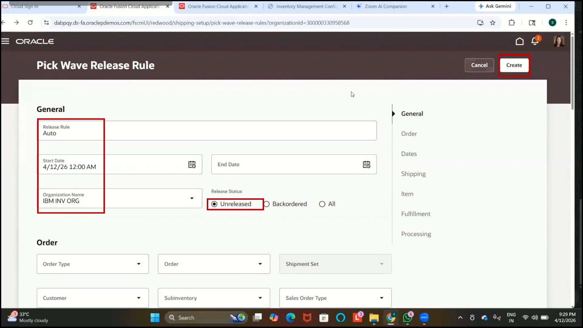 Oracle Fusion Create button displayed for Pick Wave Release Rule creation