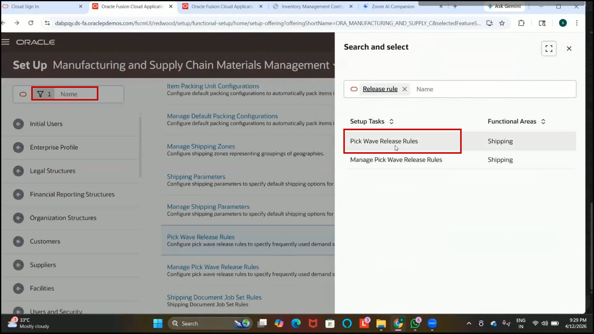 Oracle Fusion existing Pick Wave Release Rules displayed for review
