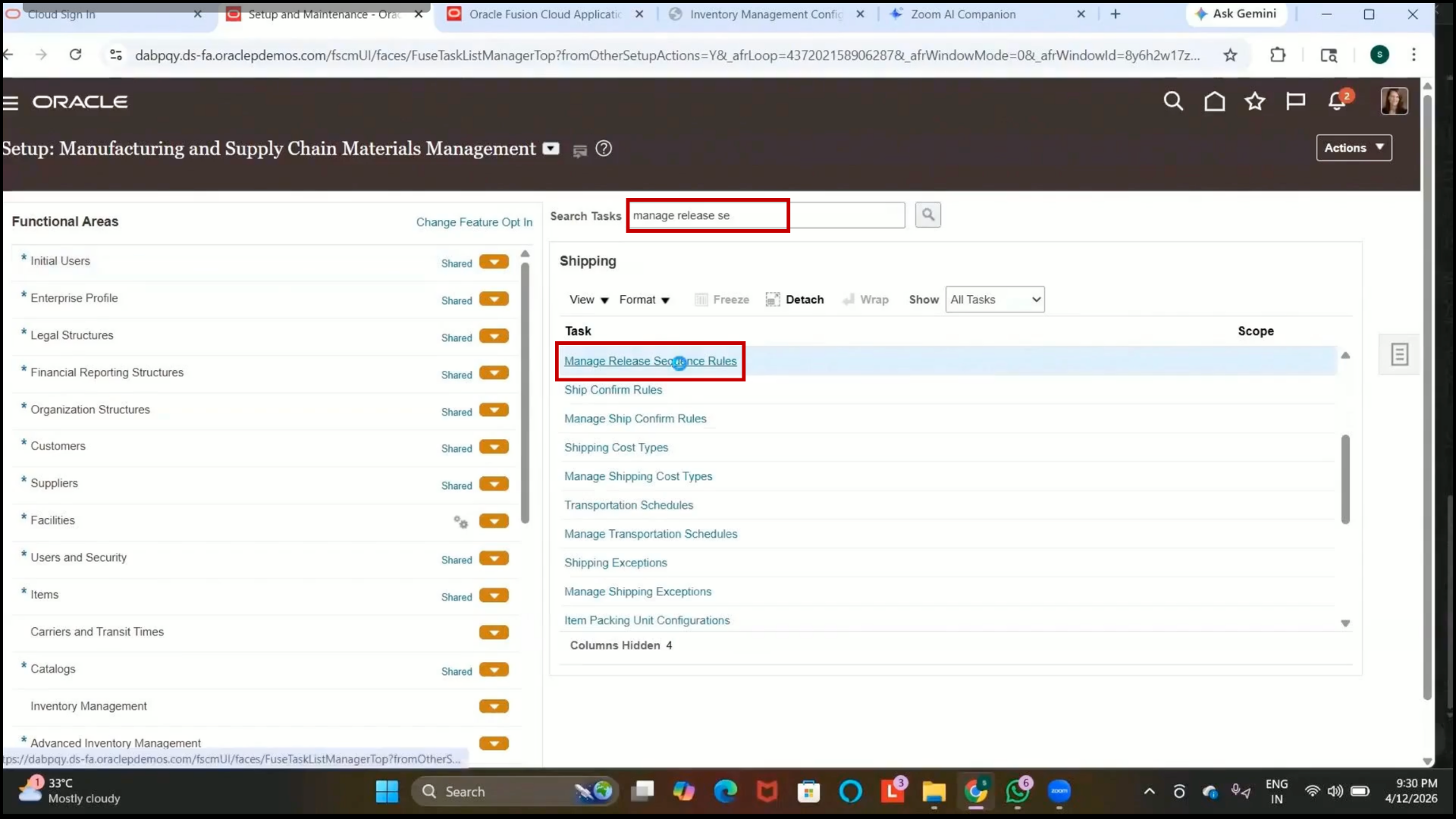 Oracle Fusion Pick Wave Release Rule configuration page opened