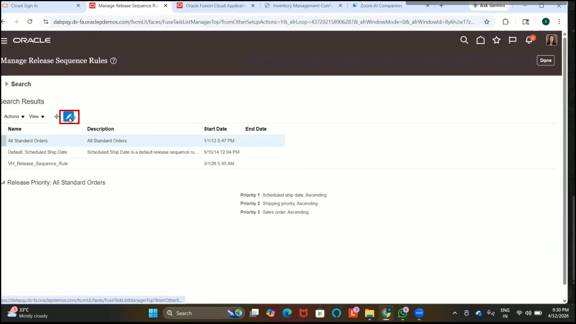 Oracle Fusion Edit option opened for release rule configuration