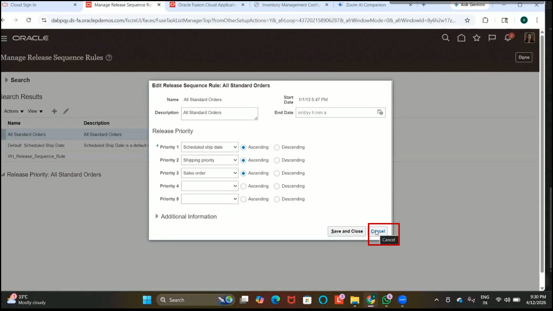 Oracle Fusion-enabled Pick Wave Release Rule configuration screen