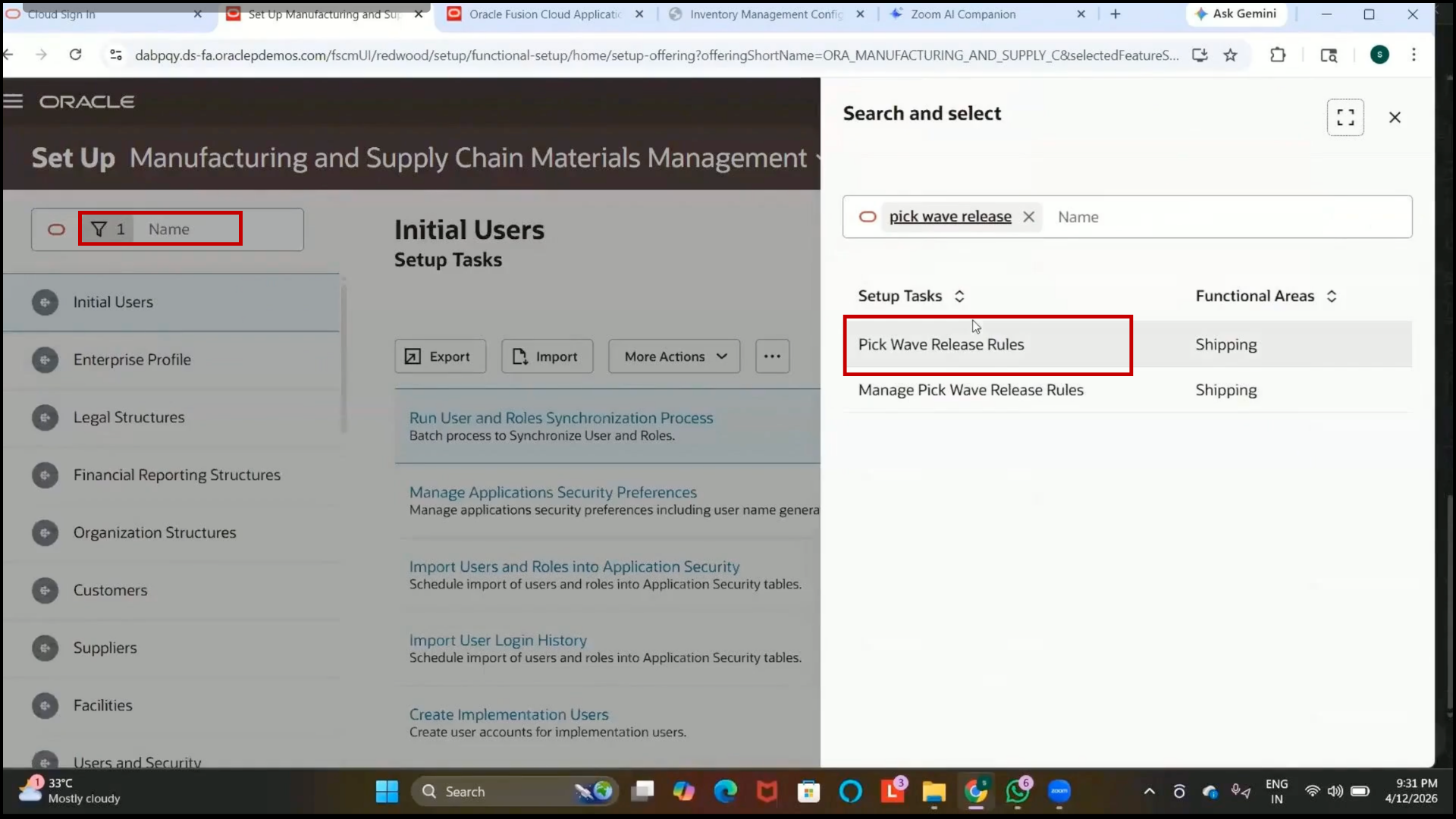 Oracle Fusion Pick Wave Release Rule configuration page opened