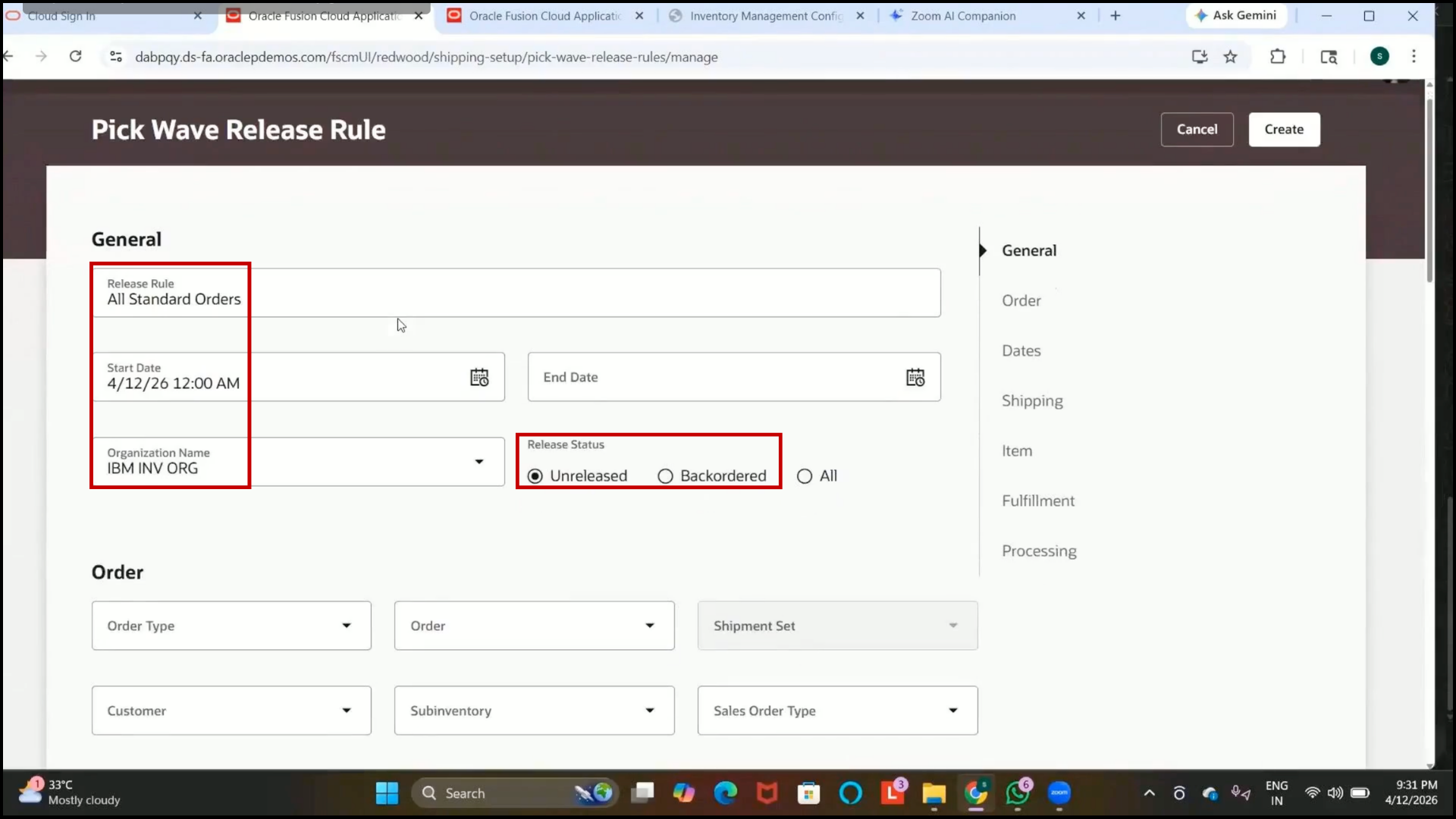 Oracle Fusion Release Status field configured as Unreleased Orders